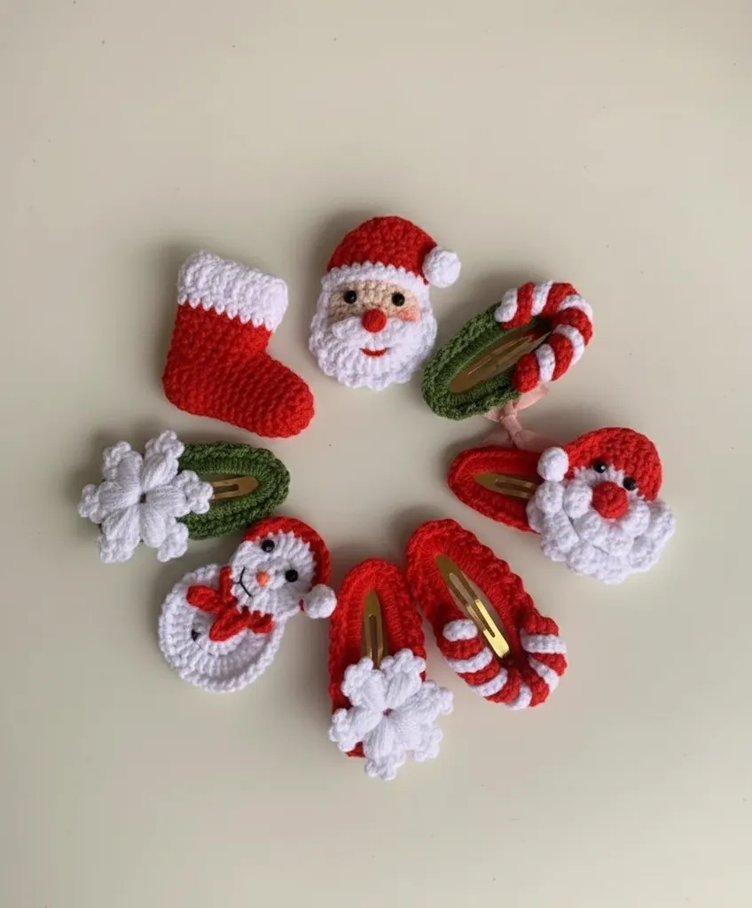 Örgü Çocuk Tokalar - Yeni Yıl Temalı El Emeği Saç Aksesuarı