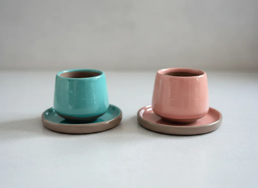 El Yapımı Seramik Kahve Fincanı ve Tabağı (2’li Set / 4 Parça)