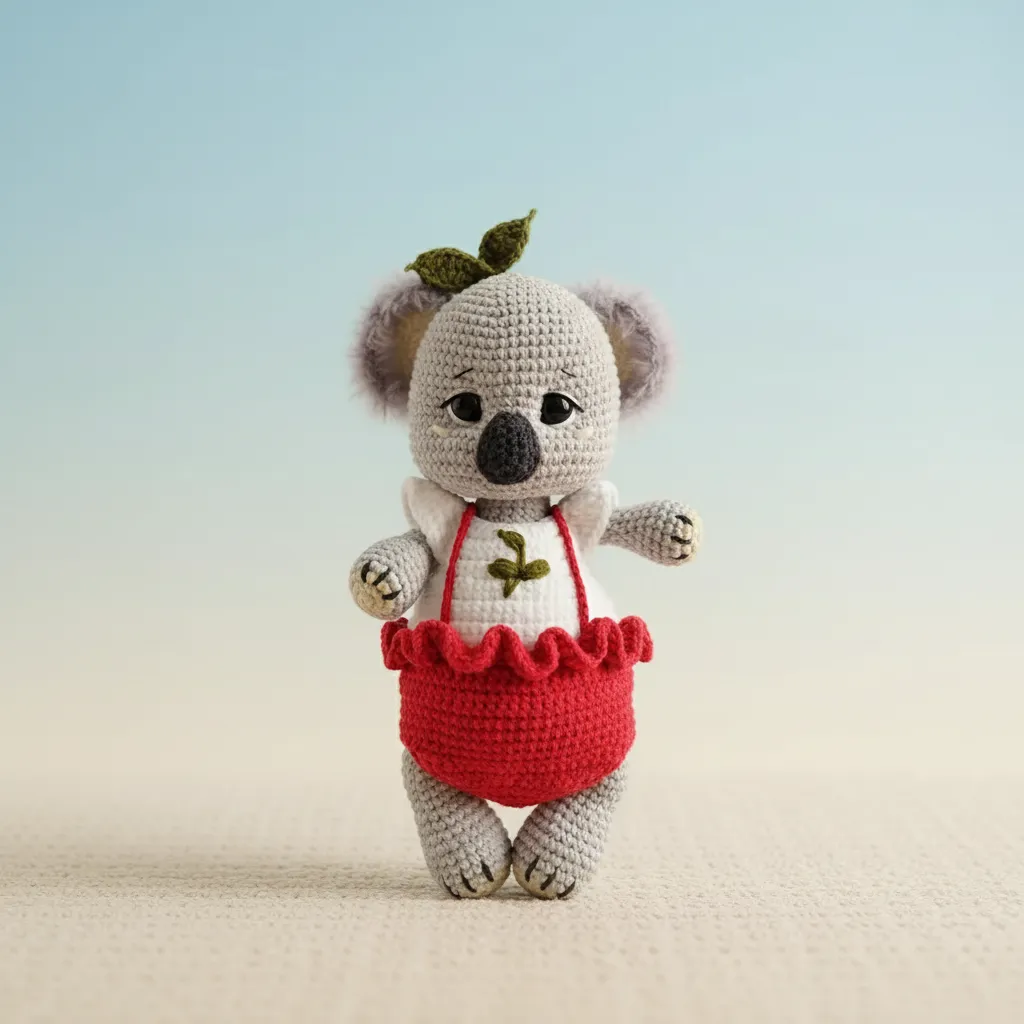 Kırmızı Slopetli Gri Amigurumi Koala Oyuncak Bebek - El Yapımı