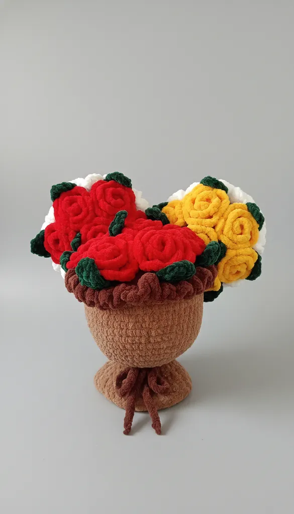 Kadife İpten Örme Çiçek Buketi - Dekoratif El Yapımı Hediyelik