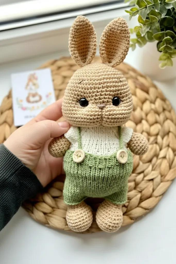 Yeşil Tulumlu Amigurumi Tavşan Oyuncak Bebek - El Yapımı Hediye