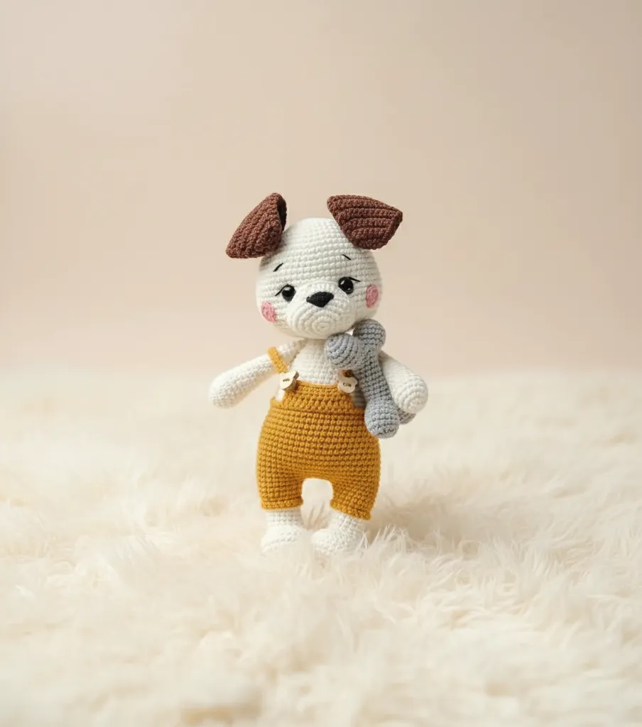 Amigurumi Örme Köpek Oyuncak - Kemikli, Sarı Tulumlu, El Yapımı