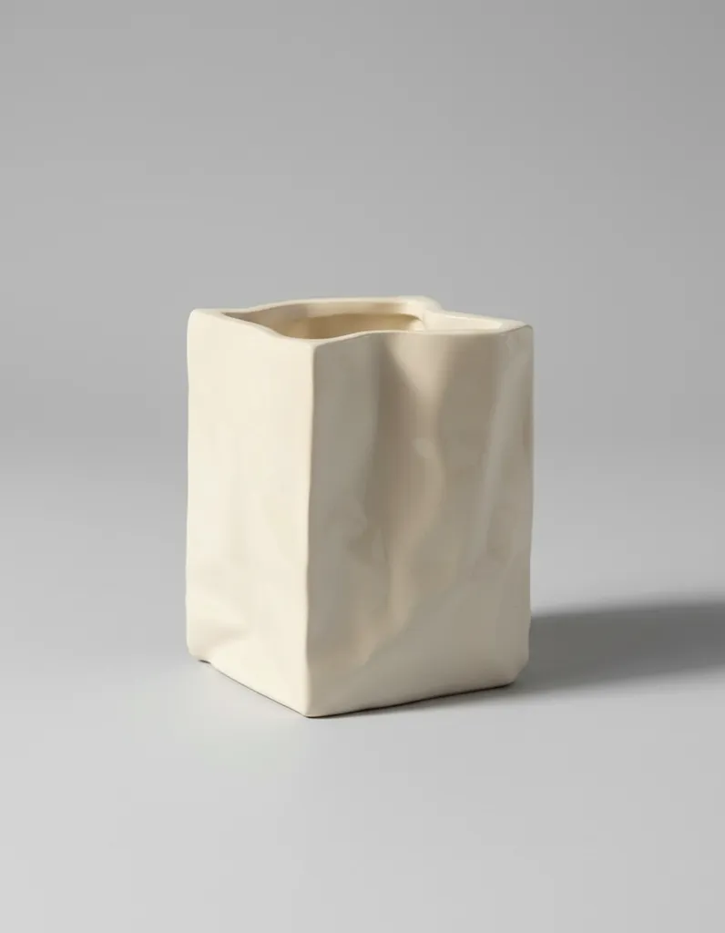 El Yapımı Krem Seramik Paper Mini Vazo - Dekoratif Tasarım Obje