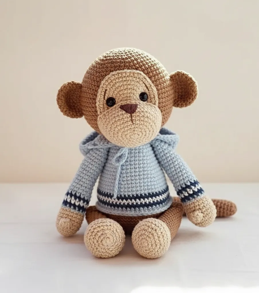 Mavi Kazaklı Amigurumi Maymun Oyuncak Bebek - El Yapımı