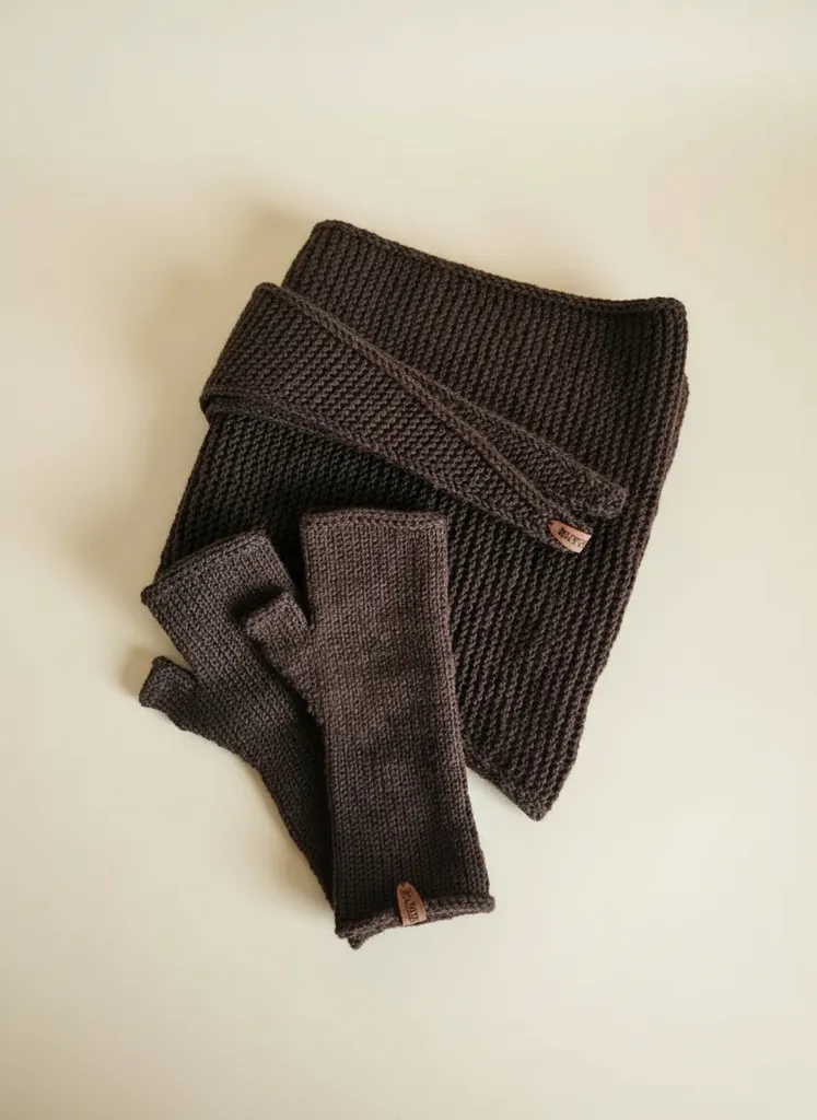 Kahverengi Örgü Şal ve Eldiven Seti - Sophie Shawl (Large Beden)