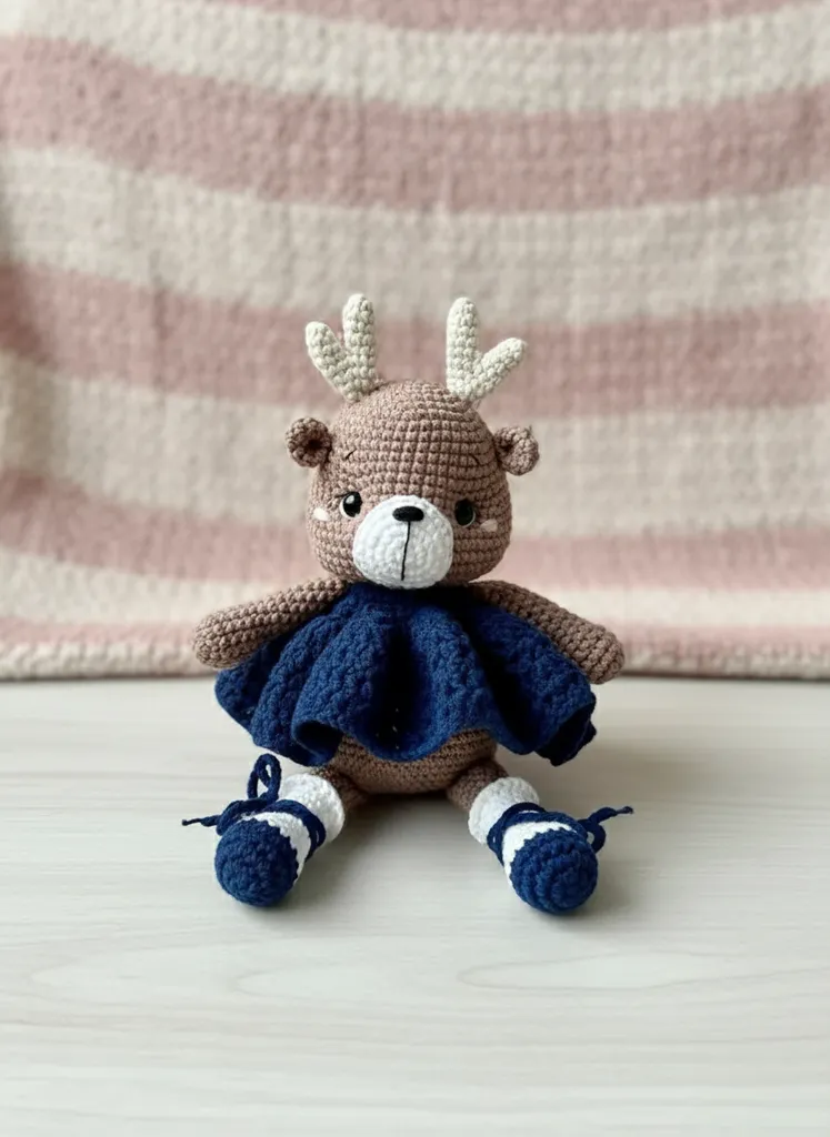Lacivert Elbiseli Amigurumi Geyik Bebek - El Yapımı Oyuncak