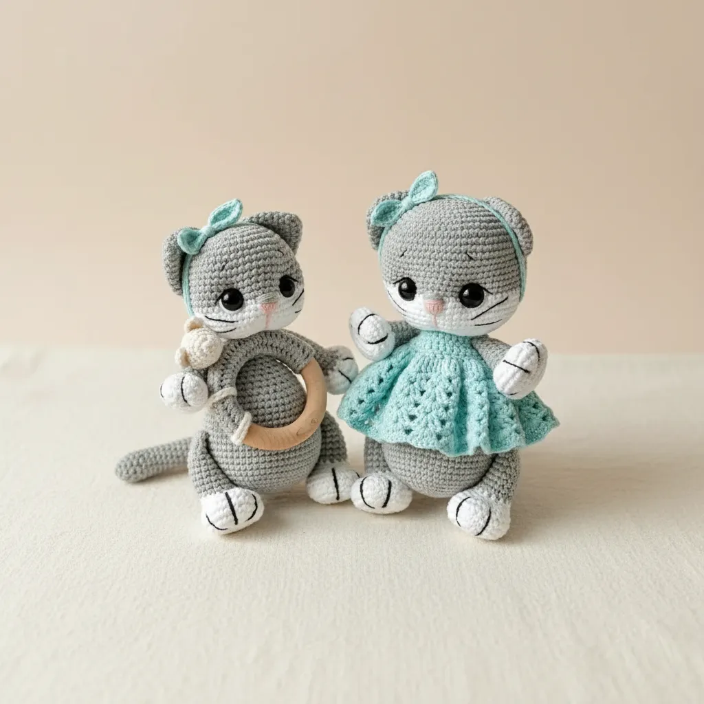 Amigurumi Gri Kedi Oyuncak Bebek ve Çıngırak Seti (2'li)