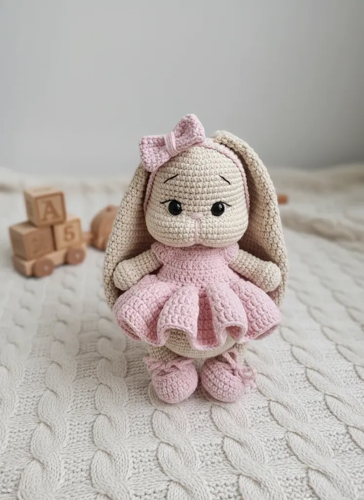 Pembe Elbiseli Amigurumi Tavşan Bebek - Krem Renkli, El Yapımı