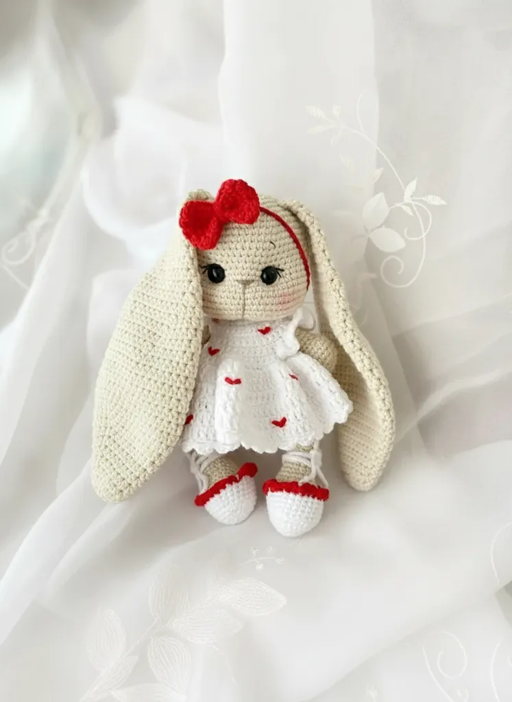 Örgü Kalpli Elbiseli Amigurumi Tavşan Bebek Oyuncak - El Yapımı