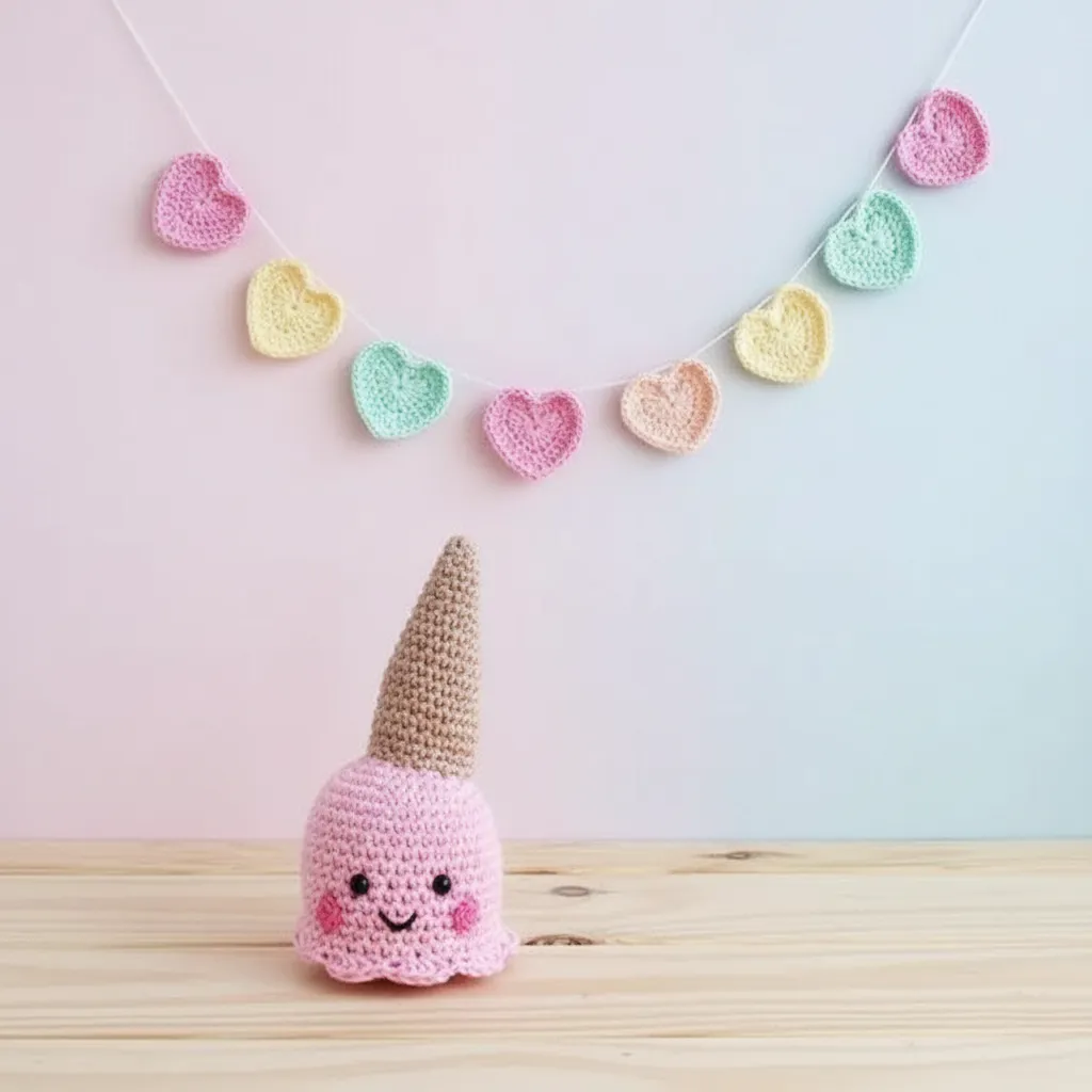 Amigurumi Dondurma ve Kalp Figürlü Bebek Odası Dekorasyon Seti