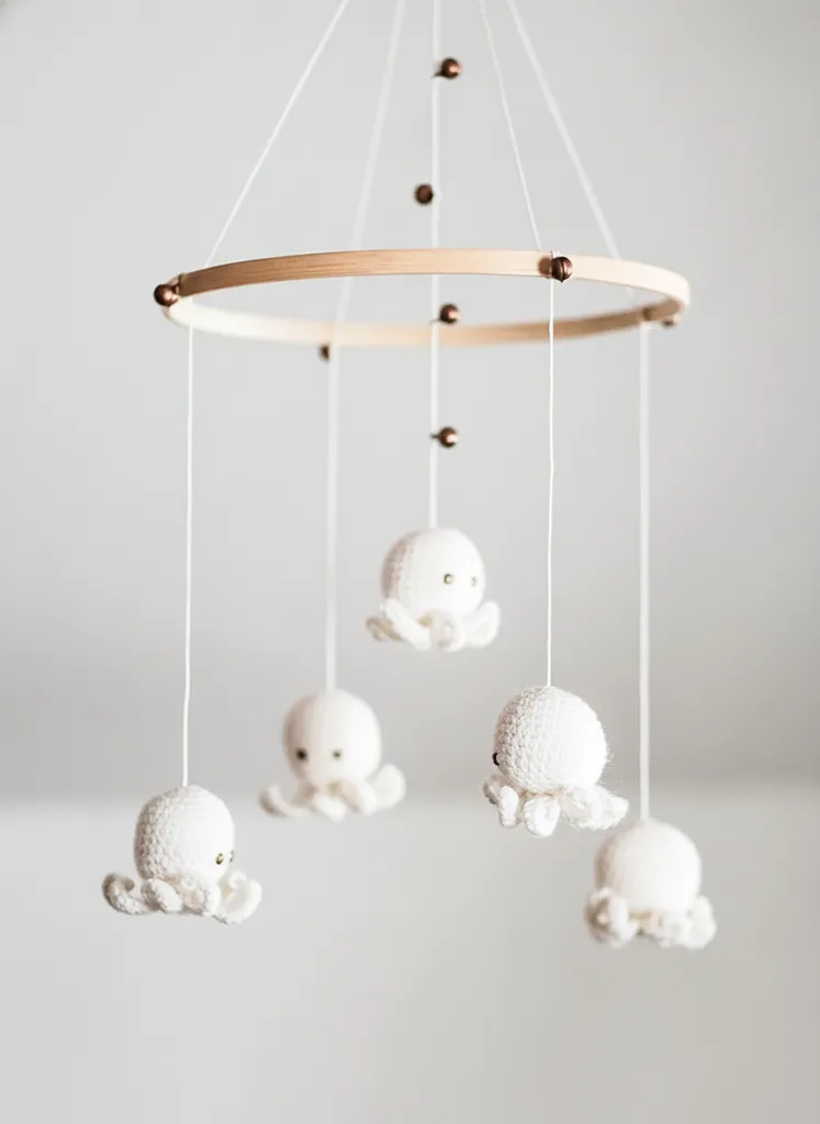 Beyaz Amigurumi Ahtapot Figürlü Bebek Dönence - El Emeği