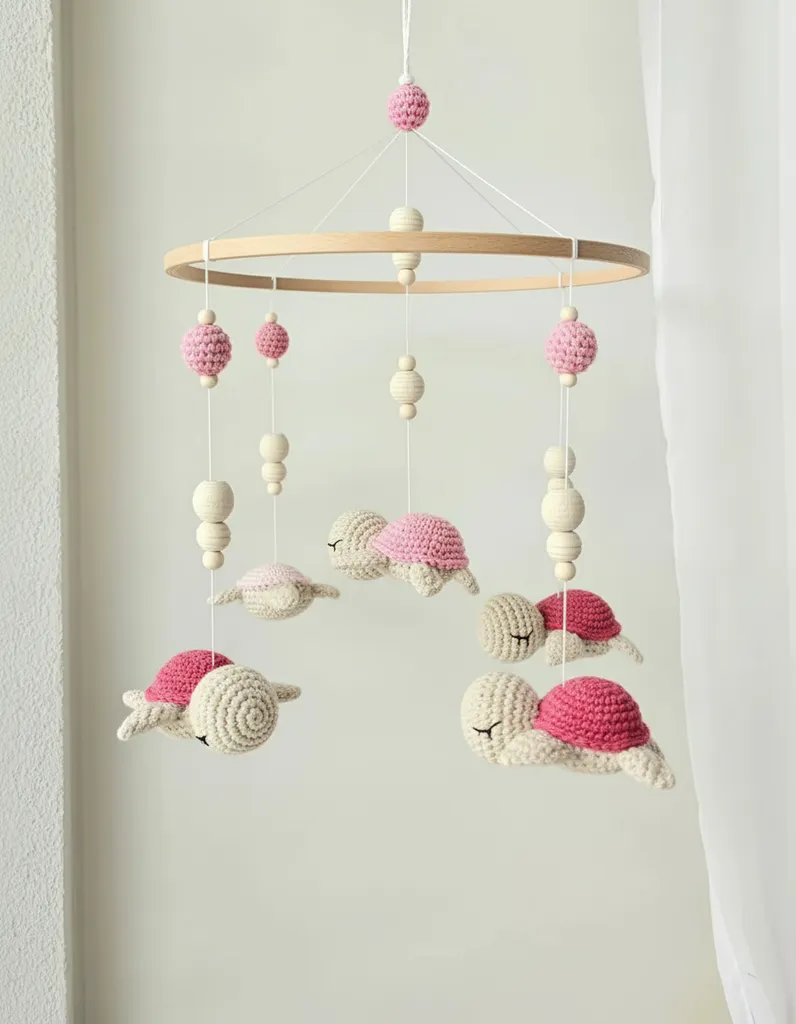 Örme Kaplumbağa Bebek Odası Dönencesi - Amigurumi Pembe Detaylı