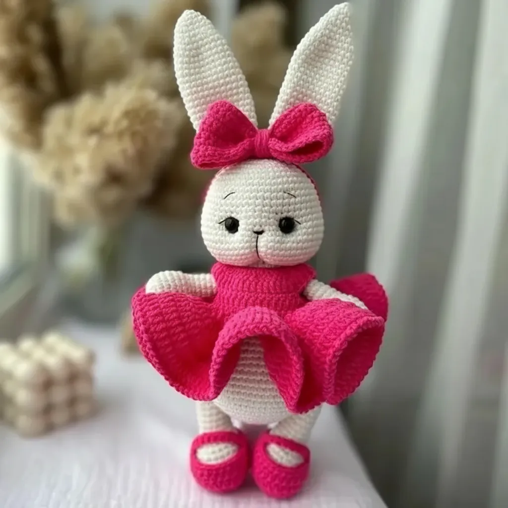 Fuşya Elbiseli Örgü Amigurumi Oyuncak Tavşan Bebek - El Yapımı