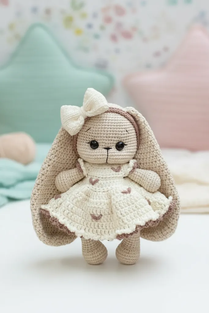 Bej Elbiseli Kalpli Amigurumi Tavşan Oyuncak Bebek - El Yapımı
