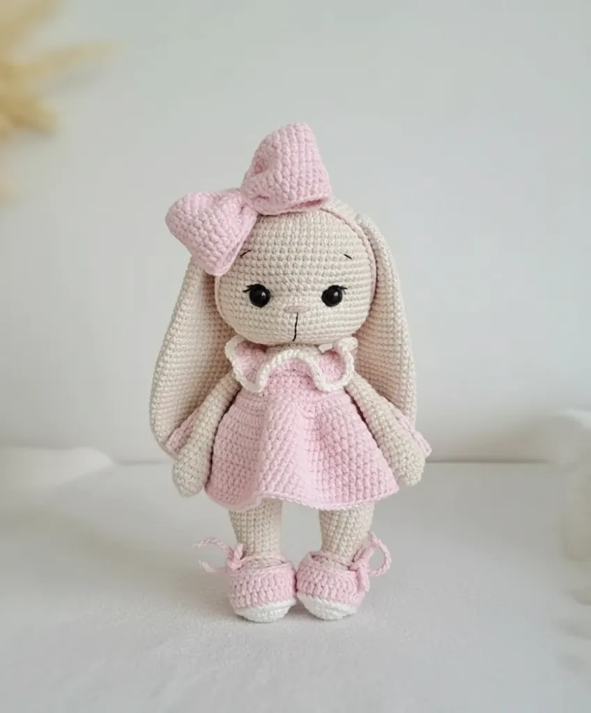 Pembe Fiyonklu Amigurumi Tavşan Oyuncak Bebek - El Yapımı