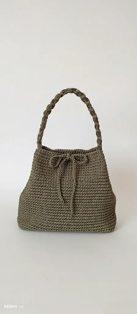 Zeytin Yeşili Örgü İpliği Büzgülü Portföy Çanta - El Emeği