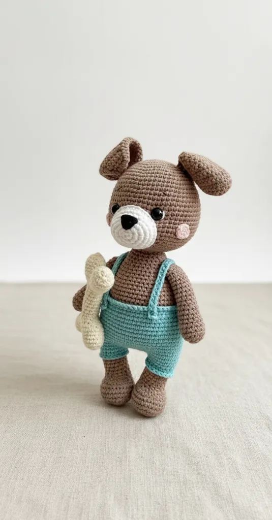 Örme Amigurumi Köpek Oyuncak - Mavi Tulumlu ve Kemikli, 25 cm