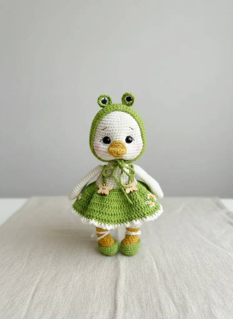 Yeşil Kurbağa Şapkalı Ördek Amigurumi Oyuncak Bebek - El Emeği