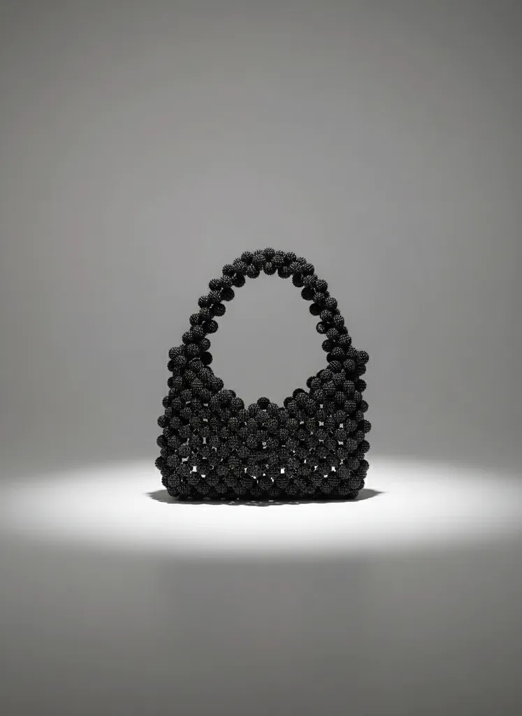 Siyah Boncuk İşlemeli El Çantası - Böğürtlen Model, Küçük Boy