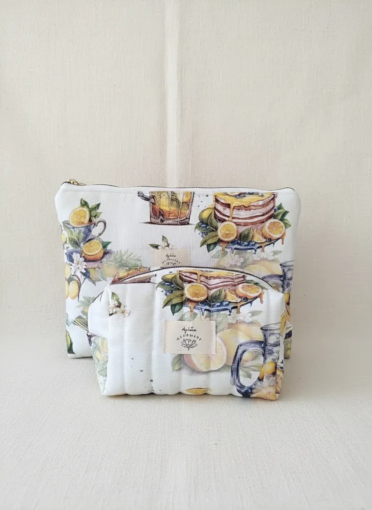 Limon Desenli Duck Keten Kapitone 2'li Çanta Seti - El Yapımı