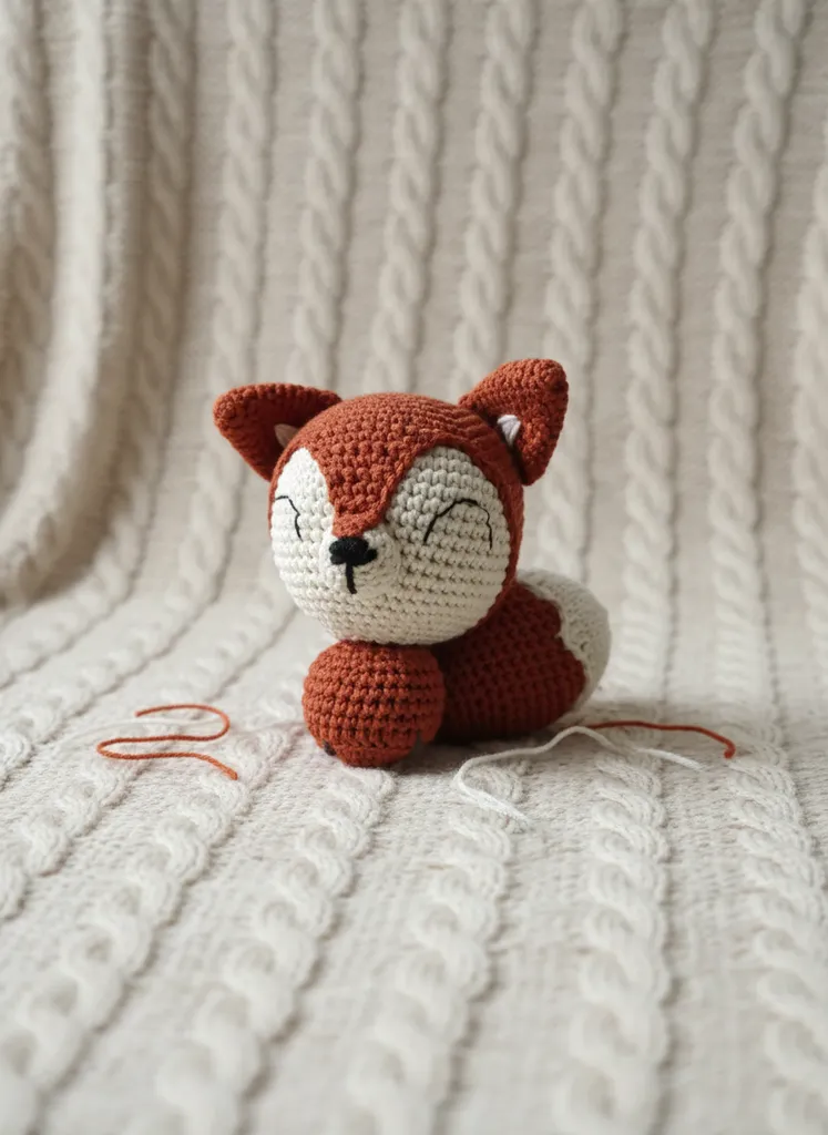 Turuncu ve Beyaz Uykucu Tilki Amigurumi Oyuncak Bebek 15 CM