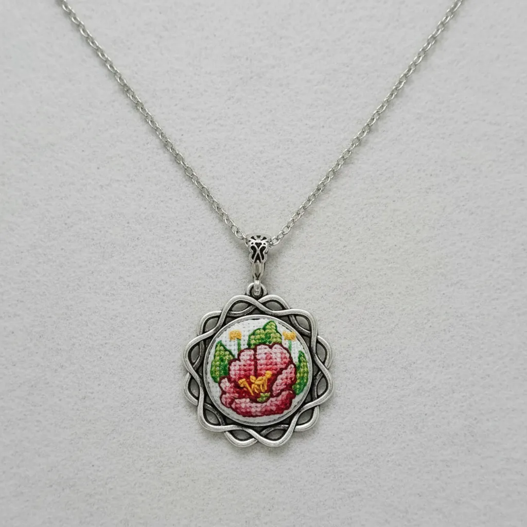 Gümüş Renkli Çelik Kolye - Kanaviçe İşlemeli Gül Desenli