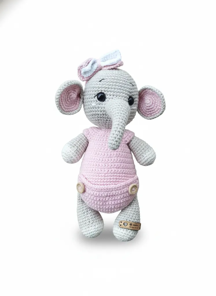 25 cm Pembe Tulumlu Amigurumi Fil Oyuncak - El Emeği