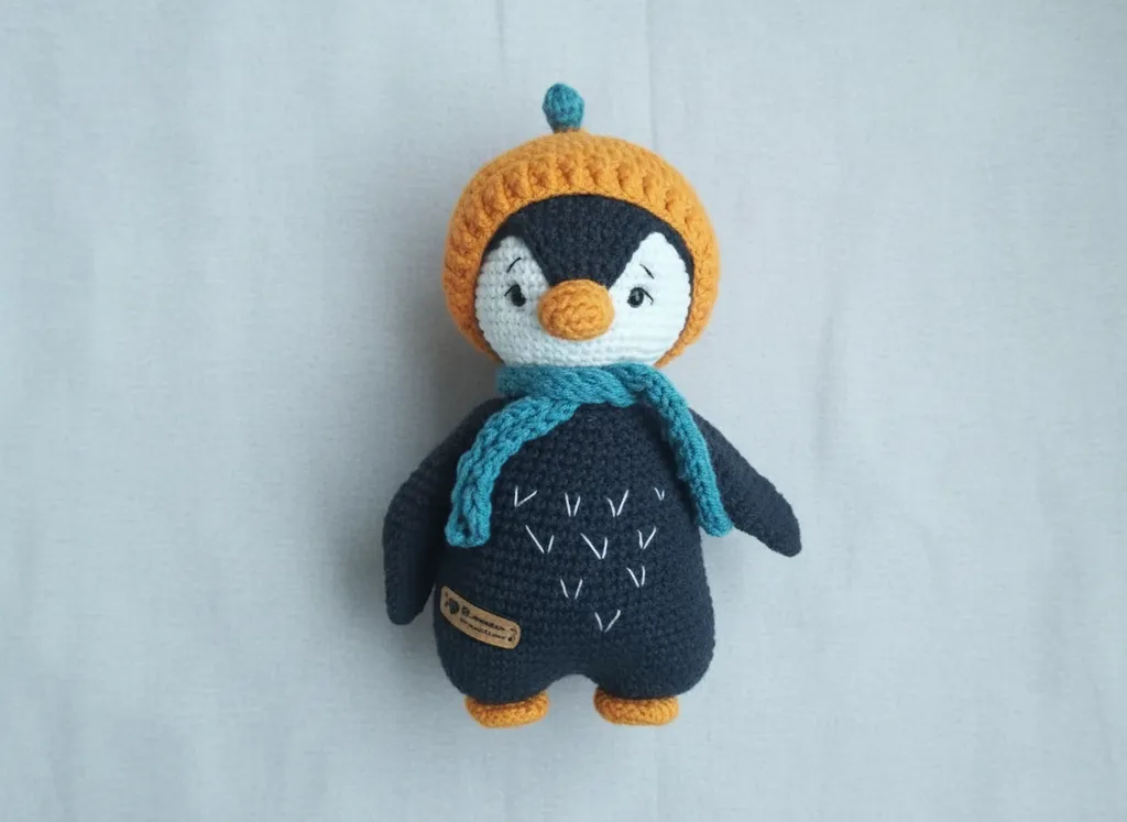 Örme Turuncu Şapkalı Penguen Oyuncak Bebek - 20cm El Emeği