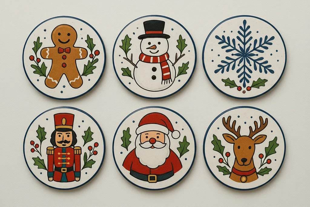 Noel Temalı İznik Çinisi Bardak Altlığı - El İşlemesi, 10cm Çap