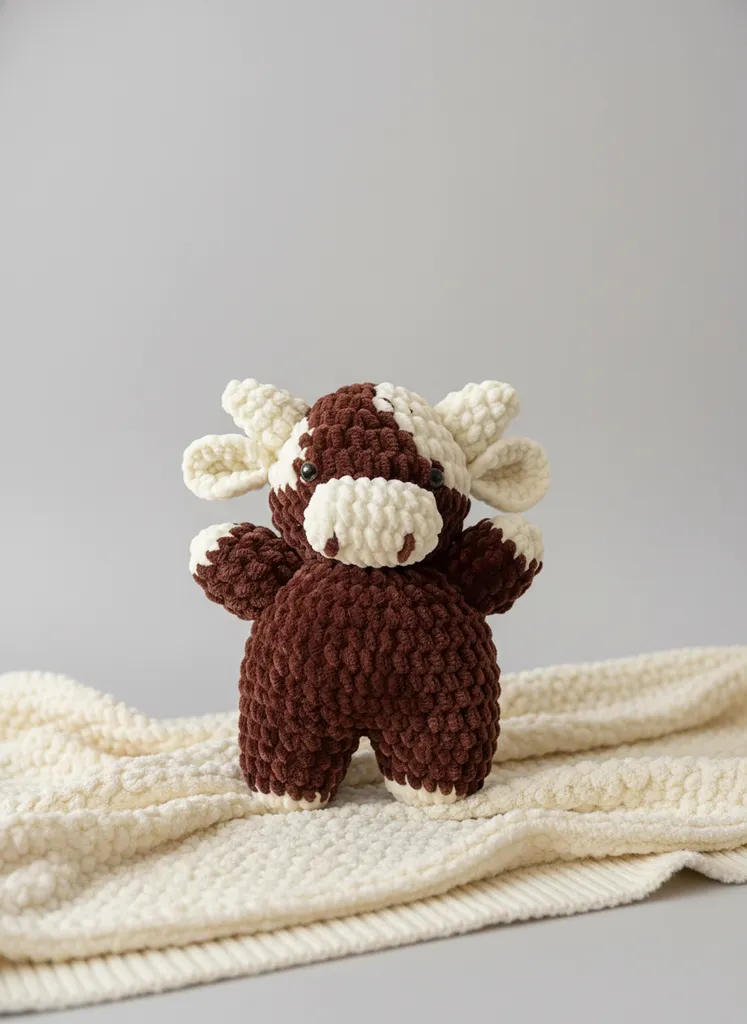 Kadife İpten Örgü Oyuncak İnek - Amigurumi Bebek Hediyesi