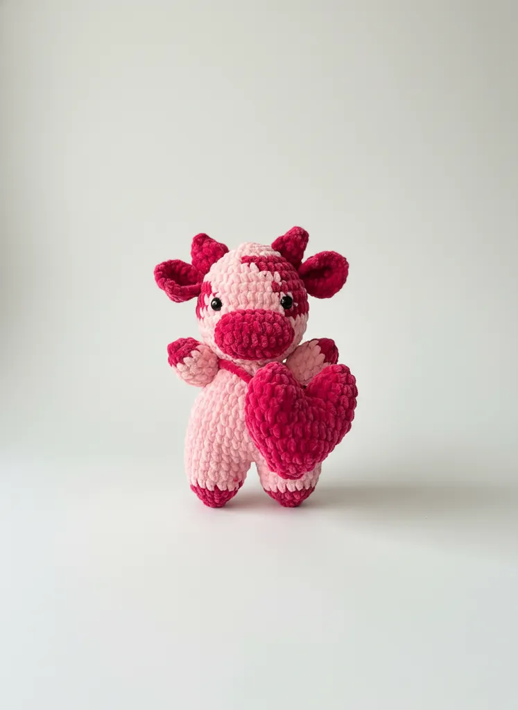 Kadife İpten Amigurumi Pembe İnek Oyuncak - Kalpli Sevimli İnek