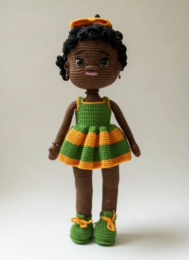 Amigurumi Bebek - 40 cm Siyah Tenli, Yeşil Elbiseli - El Emeği
