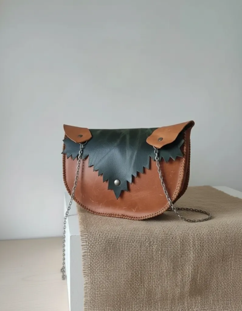 Hakiki Deri Omuz Çantası - Yeşil Kahverengi, Zincir Askılı, El Emeği