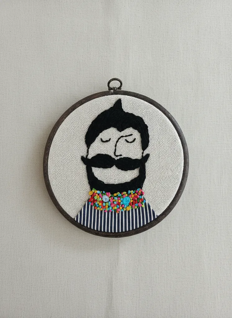 Duvar Kasnak Pano - Siyah Figürlü ve Çiçek Detaylı El Nakışı