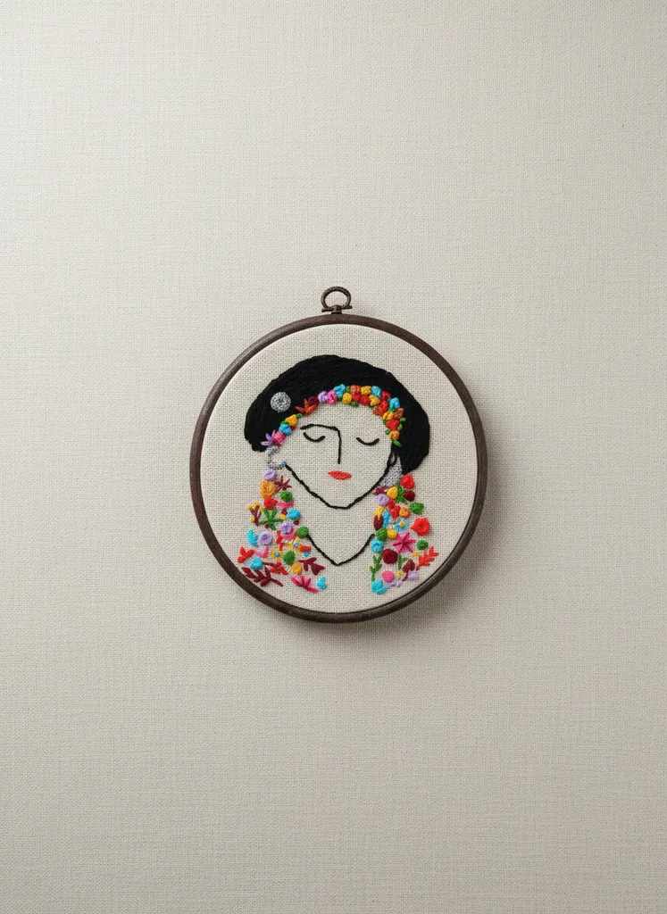 Kasnak İşleme Kadın Portre Duvar Panosu - Yün İplik El Nakışı