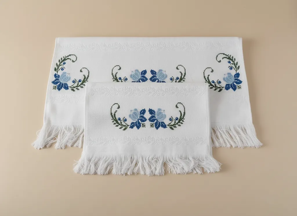 Mavi Çiçek Desenli %100 Pamuklu 2'li Banyo Havlu Seti - Analı Kızlı