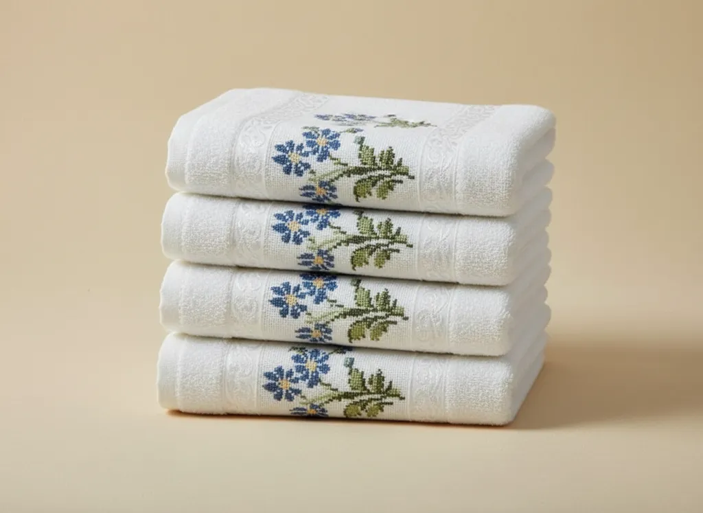 Mavi Çiçek Desenli Pamuklu Havlu Takımı - El İşi Kanaviçe Detaylı