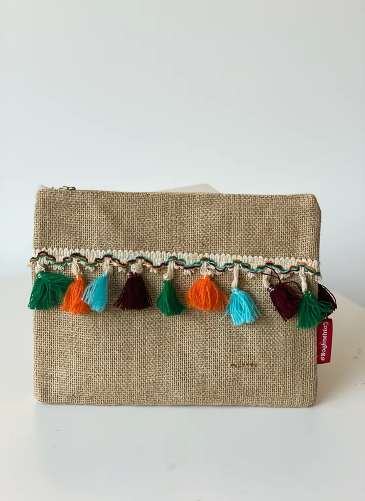 Jüt Kumaş Rengarenk Püsküllü Clutch Çanta - El Yapımı