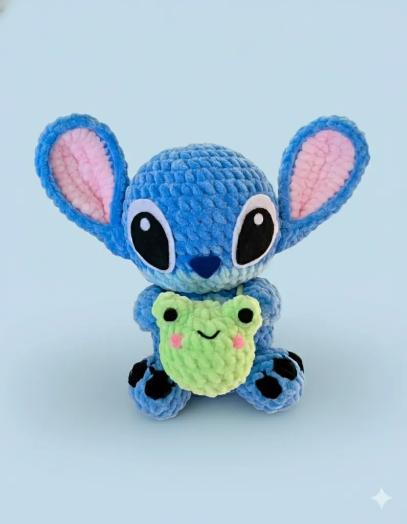 Mavi Kadife Amigurumi Stitch Oyuncak Bebek (22 cm) - El Yapımı
