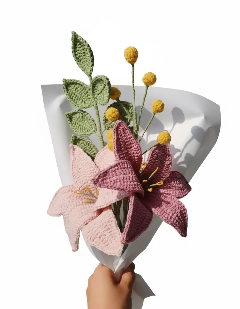 Örme Zambak Çiçek Buketi - Solmayan Dekoratif El Emeği Hediye
