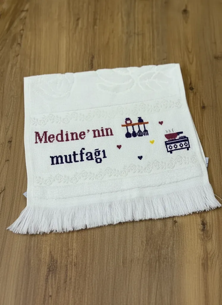 Beyaz Pamuklu Mutfak Havlusu - Özel İsim İşlemeli ve Dantel Detaylı