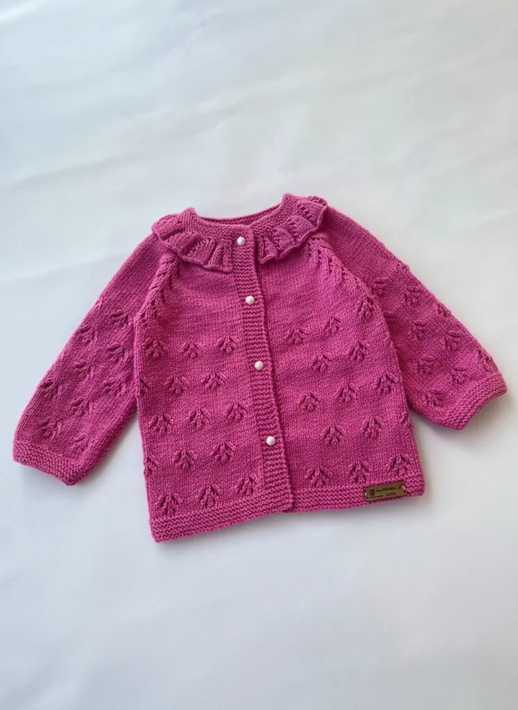 Pembe Yakalı Kız Çocuk Hırka - Antialerjik İpten El Emeği