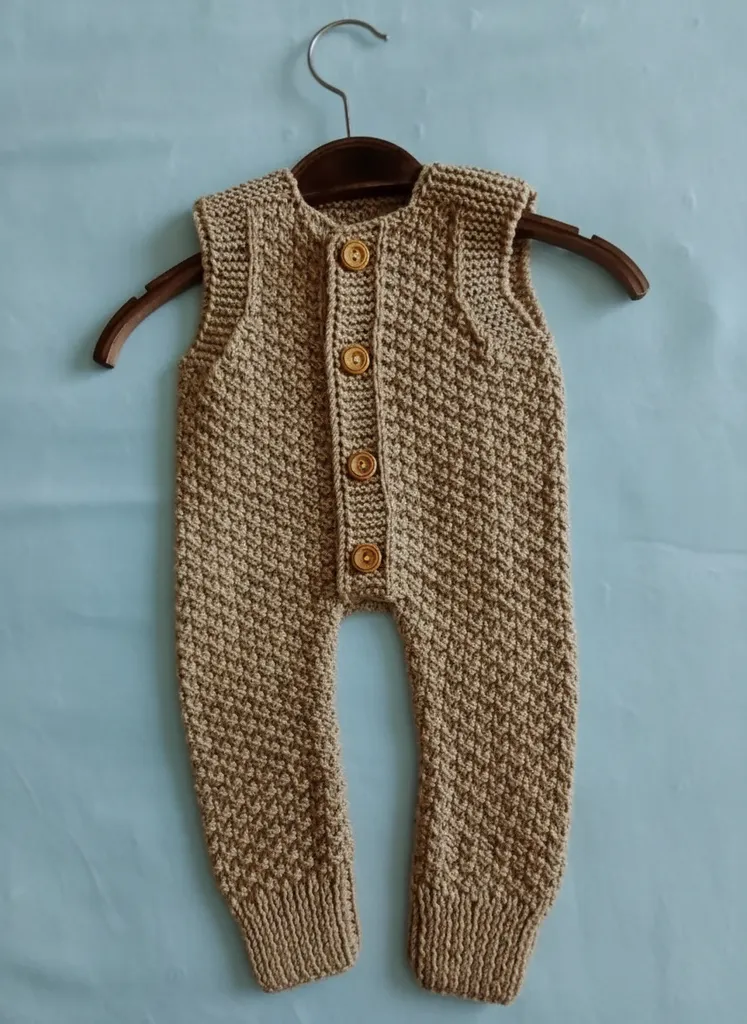 Kahverengi Örgü Bebek Tulum Set - Düğmeli, 0-6 Ay - El Emeği