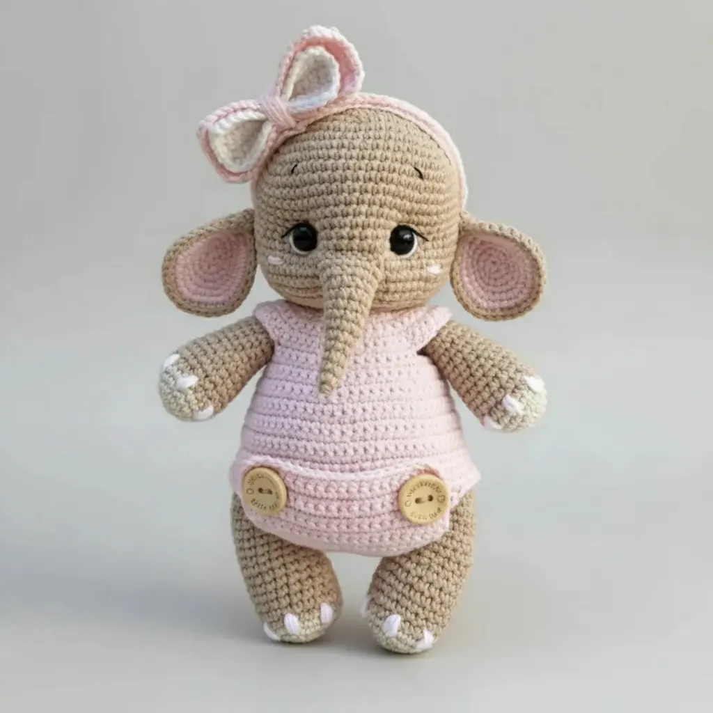 Örgü Pembe Tulumlu Fil Oyuncak - 24 cm - El Emeği Amigurumi