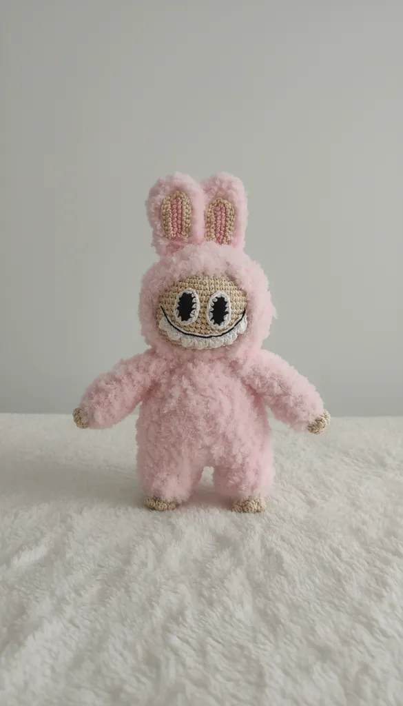 Labubu Peluş Oyuncak Bebek - 23 cm, Pembe ve Krem Renkli, El Yapımı