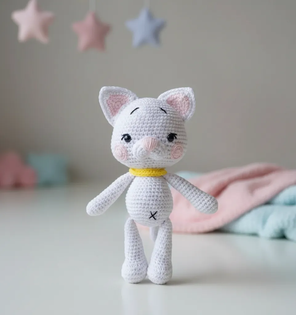 Beyaz Amigurumi Kedi Oyuncak - Organik Pamuk İplikten Sevimli Kedi