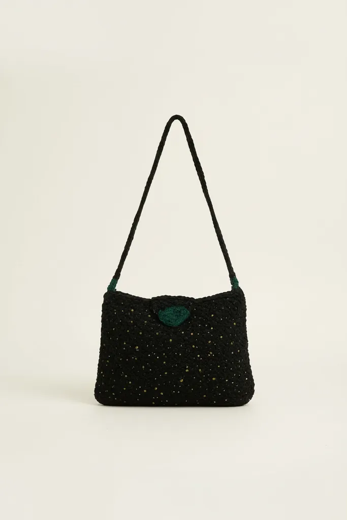 Siyah Motifli Omuz Çantası - Işıltılı Polyester El Örmesi