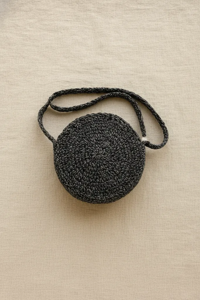 Siyah Polyester İplikten Örme Yuvarlak Omuz Çantası - El Emeği