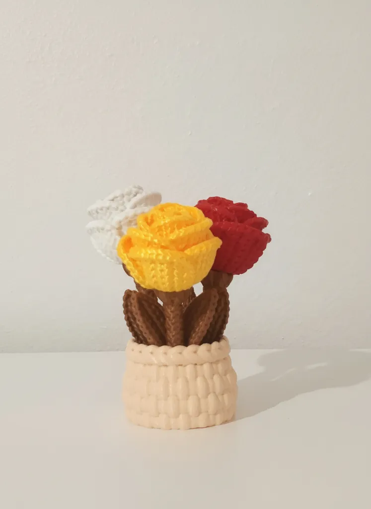 Örme Gül Buketi - 3'lü Dekoratif Yapay Çiçek Seti - El Emeği