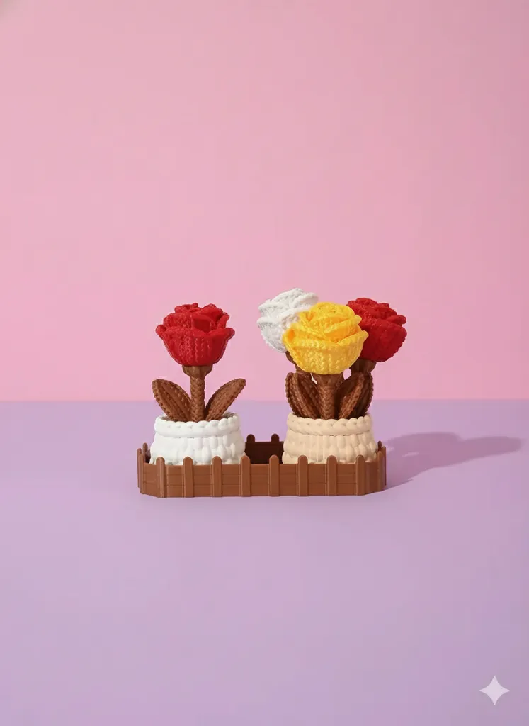 Örme Gül Buketi - Yapay Çiçek Seti - Hediyelik Dekoratif Çiçek